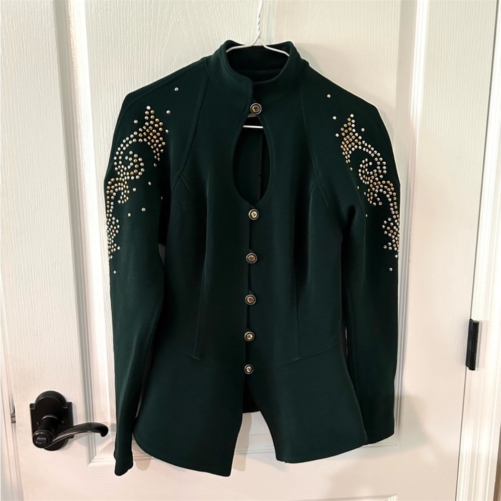 Vintage Green Lilly Rubin Embellished Beaded Gold Button Blazer Jacket Sz S
